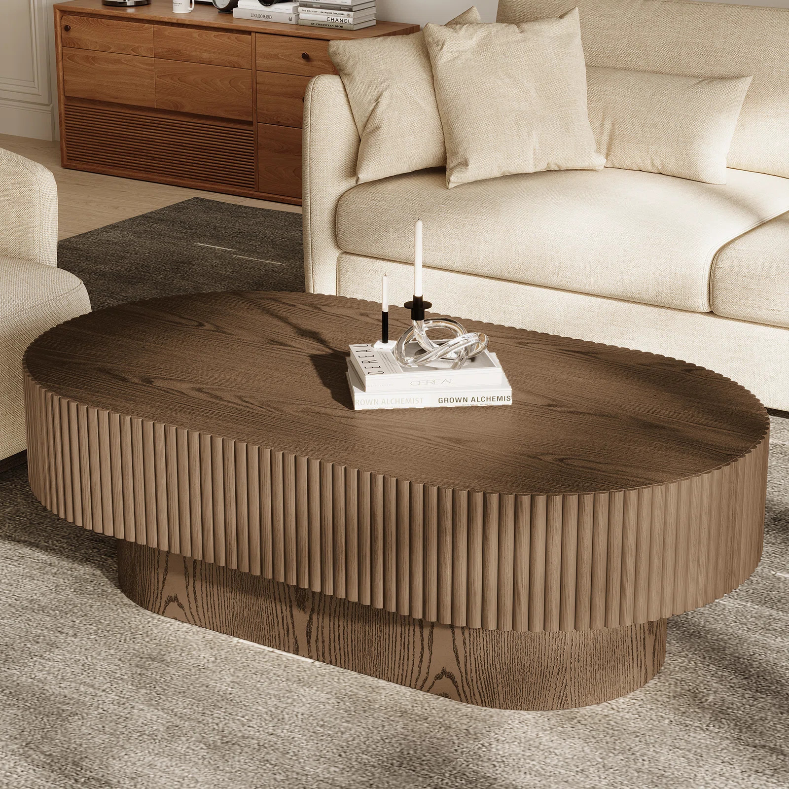 43.7'' W Solid Wood Oval Coffee Table with Fluted Design | Wayfair North America
