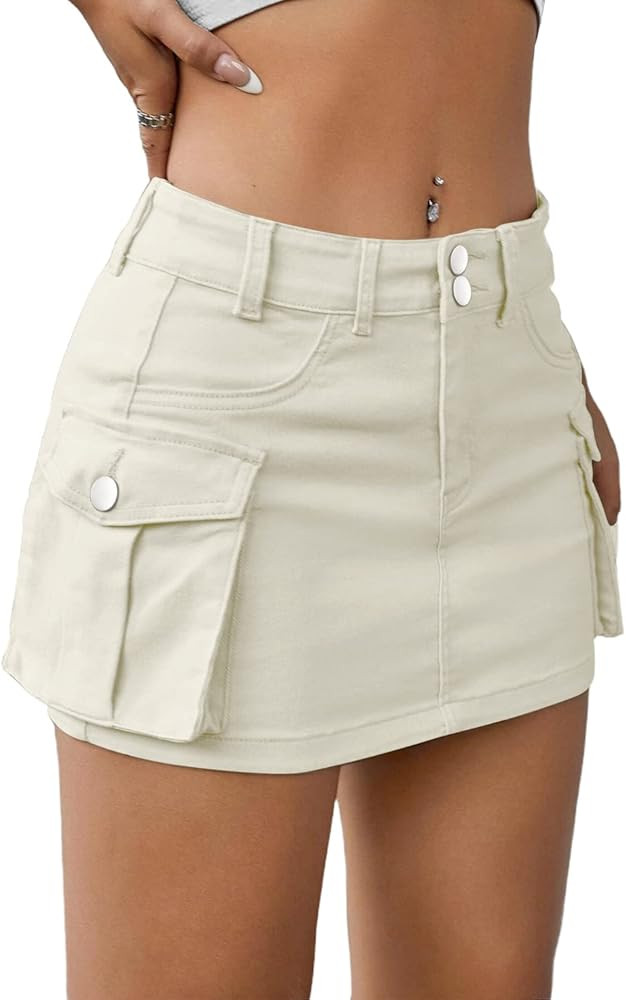 Low Waist Cargo Skirt Women Button Mini Cargo Denim Skirt with Pocket Mini Skirt | Amazon (US)