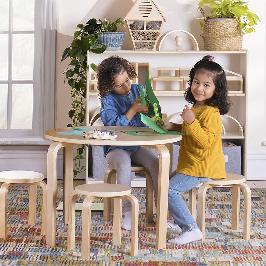 Guidecraft Nordic Table and Chairs Set for Kids: Natural - 4 Stacking Bentwood Stools with Curved... | Amazon (US)