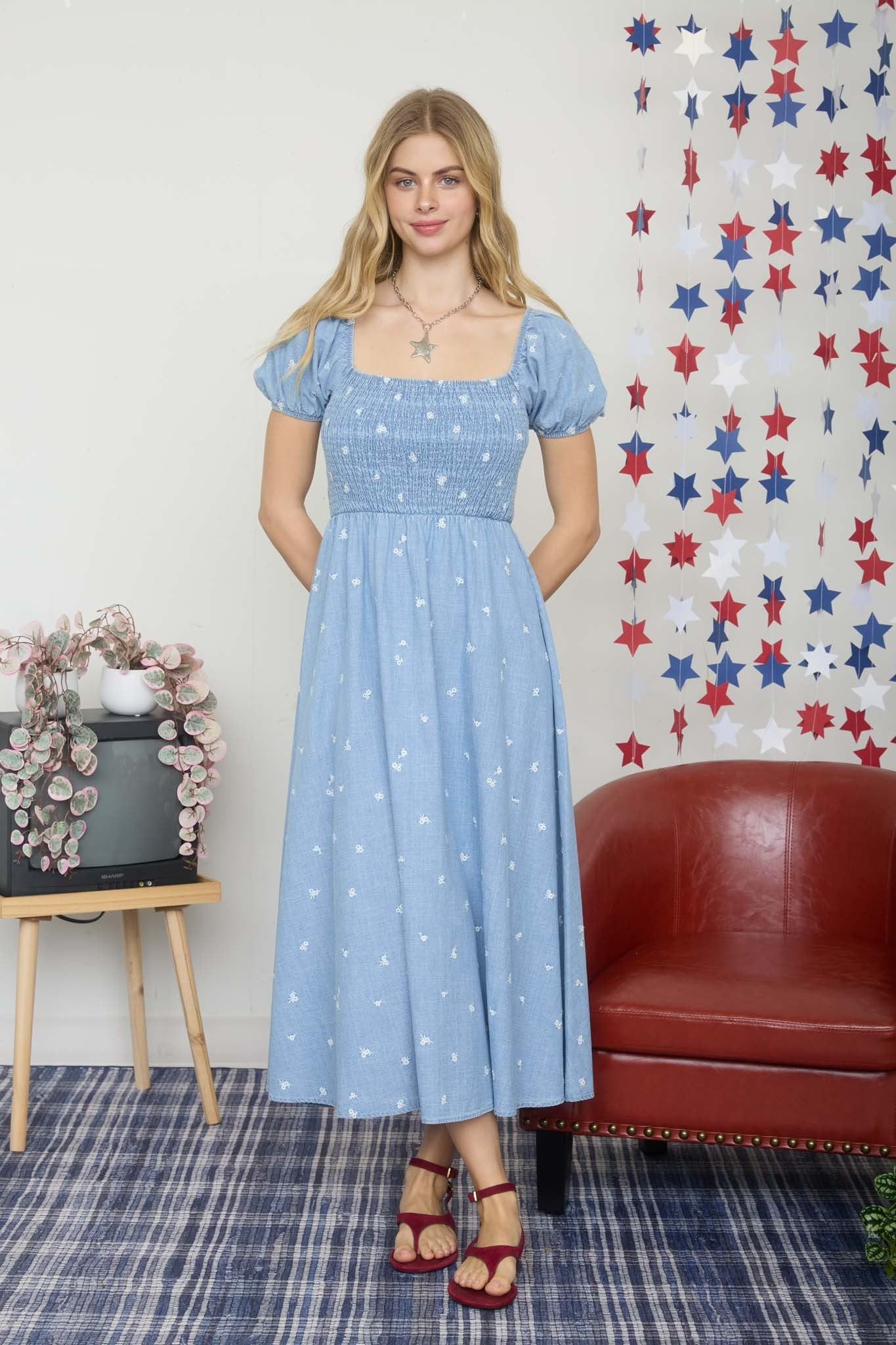 Chambray Embroidered Smocked Midi Dress | PinkBlush Maternity