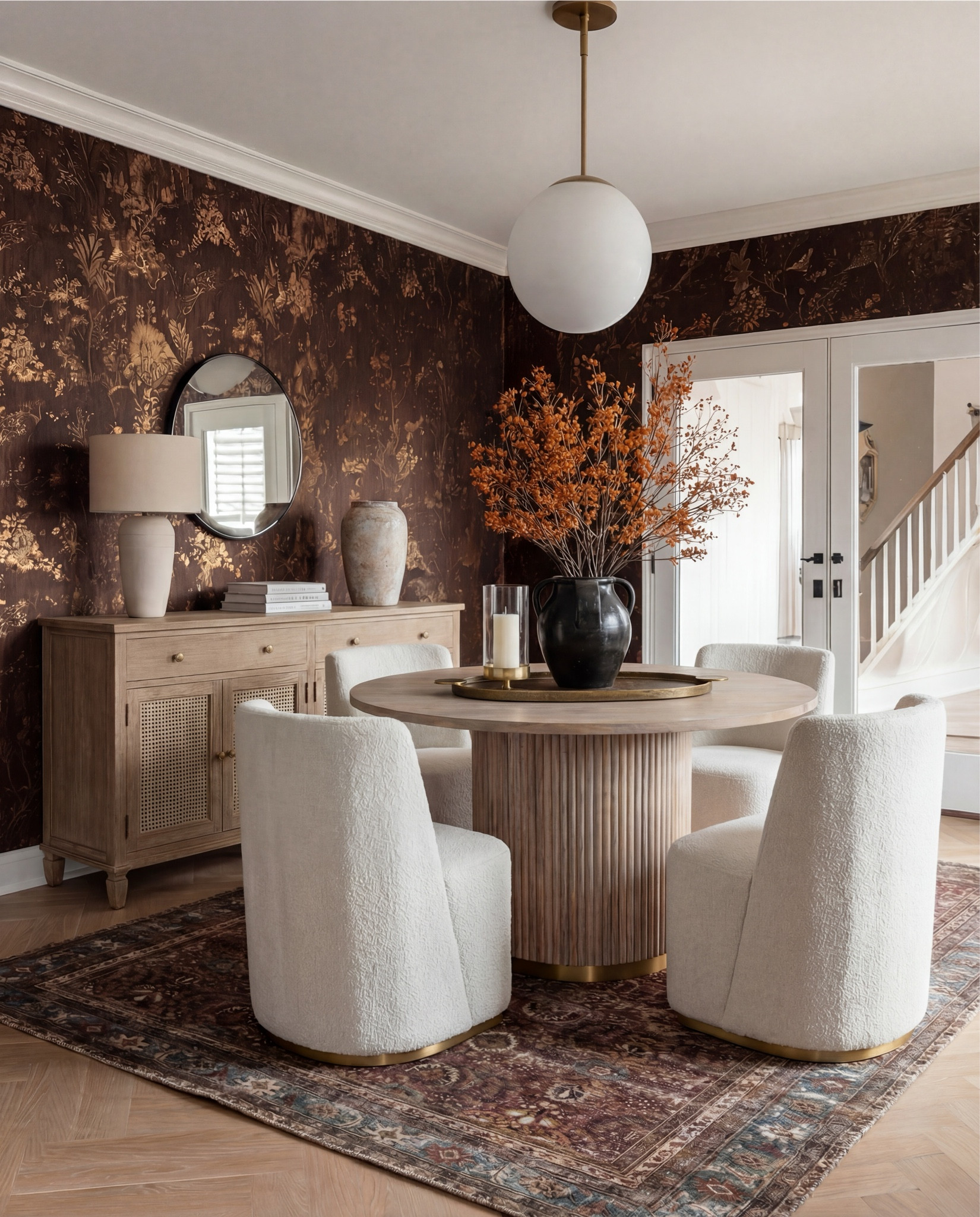 A warm, modern dining room layered with rich textures and earthy tones — the perfect blend of cozy and elevated design. The deep chocolate botanical wallpaper adds instant drama, while the light oak round pedestal table brings balance with its soft, sculptural lines. The boucle dining chairs introduce texture and warmth, paired with gold bases for a subtle touch of luxury. A vintage-inspired area rug anchors the space with deep reds and muted blues that tie beautifully into the room’s fall-forward palette.

Styled with natural ceramics, matte black vases, warm wood accents, and soft ambient lighting, this room feels intimate, collected, and perfect for hosting.

Shop the Look:
• Round fluted pedestal dining table (light oak tone)
• Cream boucle dining chairs with brass base
• Botanical dark brown + gold wallpaper
• Vintage-washed Persian-style dining room rug
• Light oak sideboard with cane-door detailing
• Round bronze-framed wall mirror
• Matte black vase with branches
• Oversized ceramic decorative vase (stone finish)
• Textured taupe table lamp
• Gold-tray centerpiece décor
• Frosted globe pendant light (antique brass stem)

Black Friday

#LTKCyberWeek #LTKHome #LTKSaleAlert
