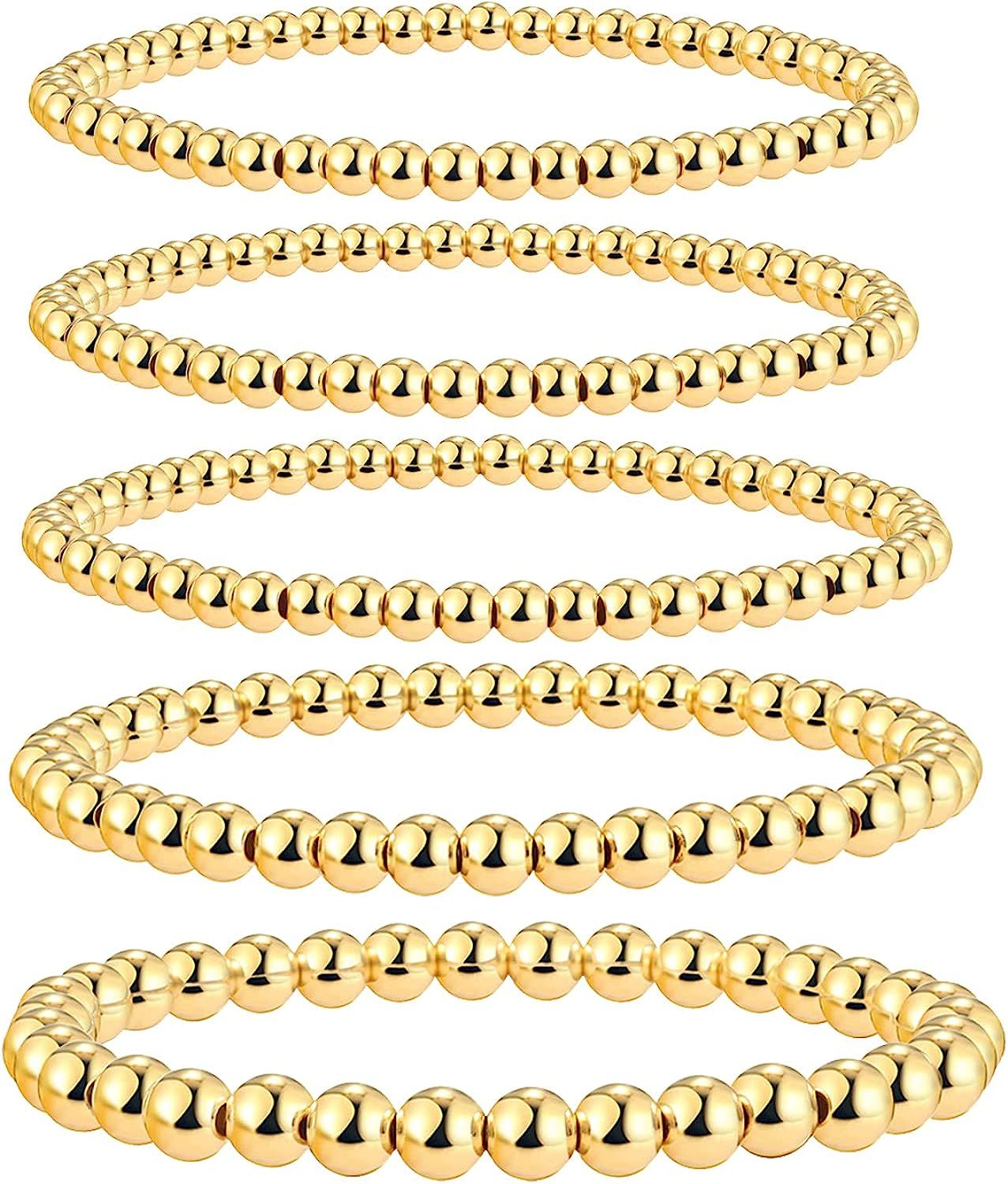 Gold Beaded Bracelets for Women, 18K Gold Plated Bead Ball Layered Bracelets Set Copper Beads Sta... | Amazon (US)