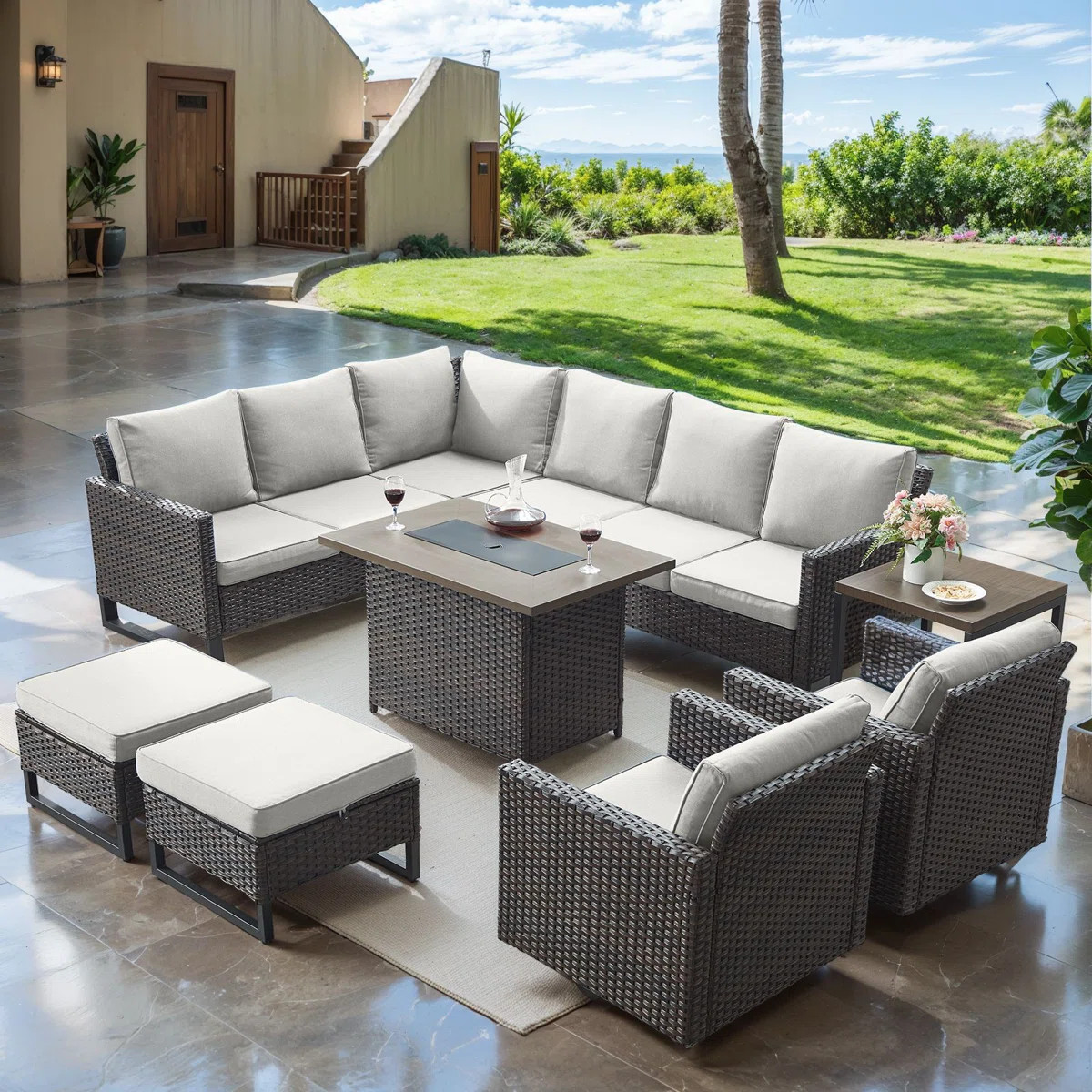 Hansencamp 9 - Person Outdoor Sectional Seating Group With Fire Pit With Swivel Glide Chair And C... | Wayfair North America