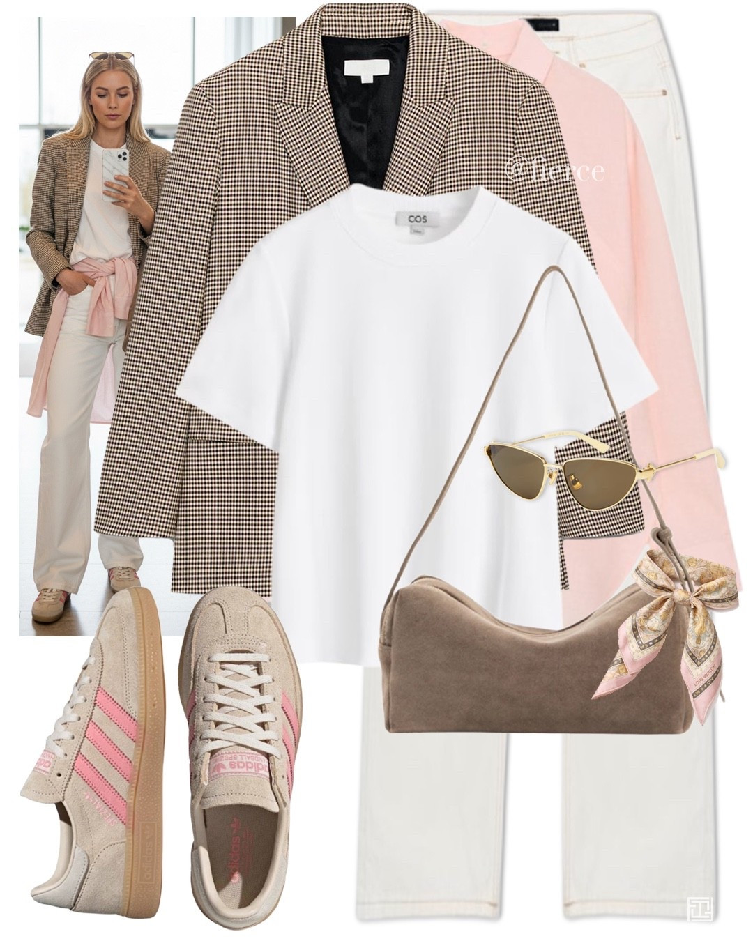 Check blazer pink shirt vintage white jeans adidas handball spezial  taupe suede bag white tshirt casual  chic outfit 

#LTKuk #LTKeurope #LTKspring