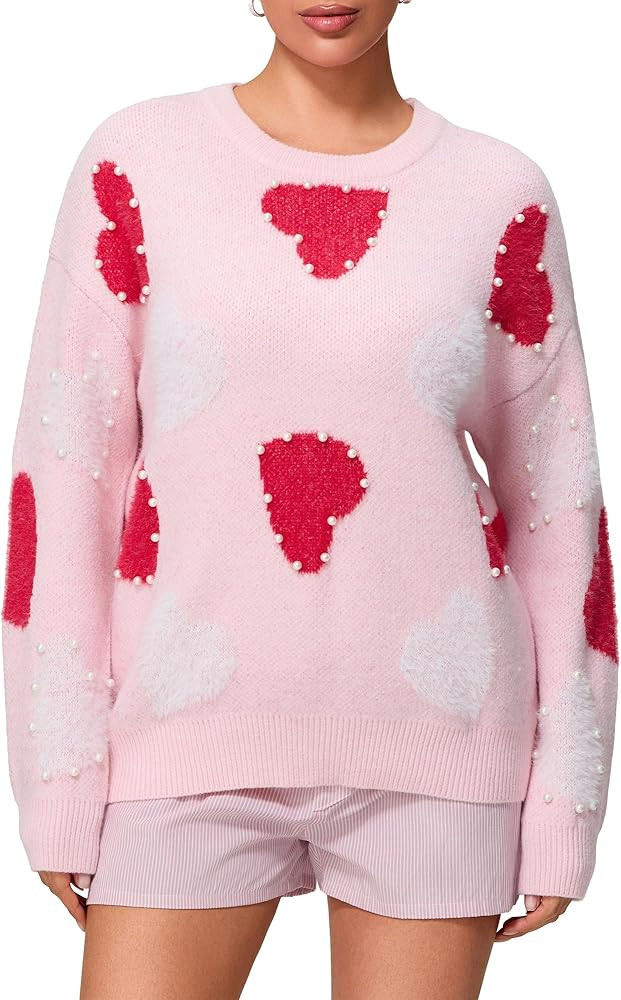 Women Cute Heart Sweater Y2K Long Sleeve Romantic Valentines Day Love Pullover Crew Neck Knit Top | Amazon (US)