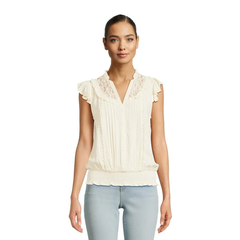 No Boundaries Juniors Flutter Sleeve Lacy Woven Top with Smocked Waist, Sizes XS-XXXL | Walmart (US)