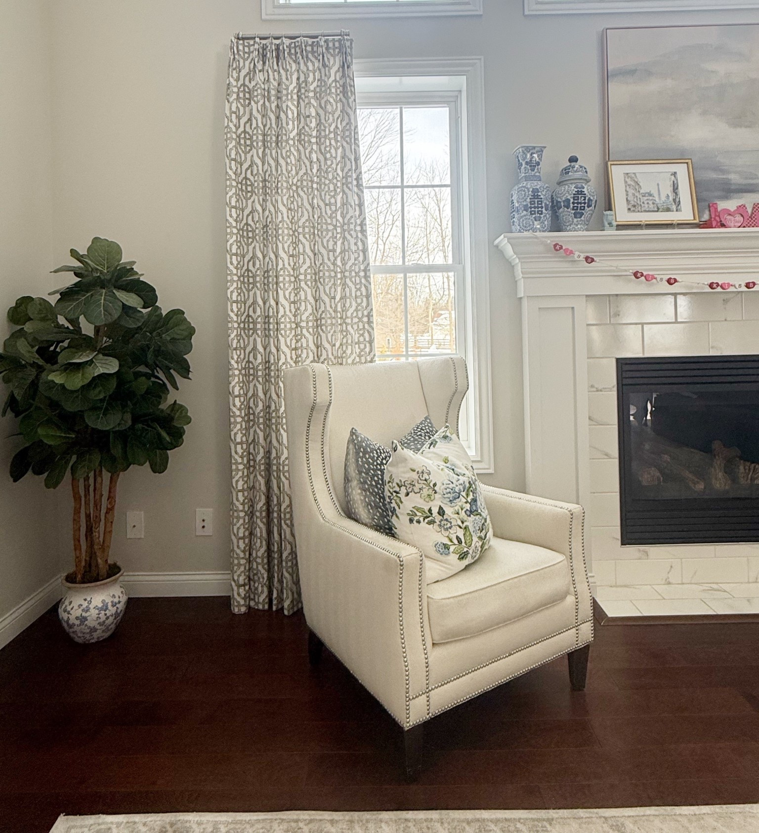 Living room, decor, fiddle tree, side chair, Drapery, blue and white pots

#LTKHome #LTKValentine #LTKmomlife