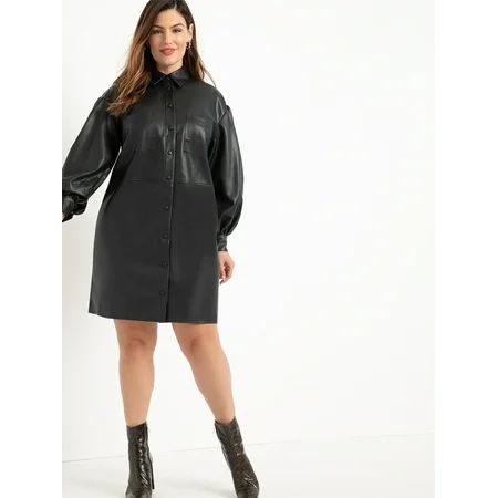 ELOQUII Elements Women's Plus Size Puff Sleeve Leather Shirt Dress | Walmart (US)