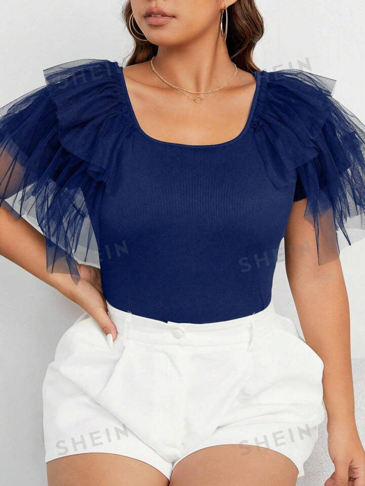 SHEIN Privé Plus Contrast Mesh Ruffle Trim Tee | SHEIN