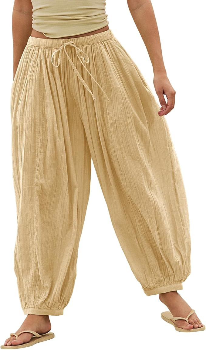 Shy Velvet Women Linen Blend Pants Lightweight Drawstring Elastic Waist Boho Summer Beach Vacatio... | Amazon (US)
