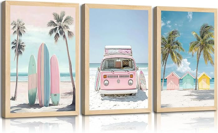 3Pcs Pink Beach Wall Art Tropical Teen Girl Coastal Canvas Poster Print Surfboard Palm Picture Wa... | Amazon (US)