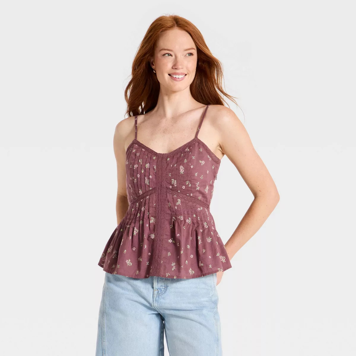 Women's Lace Trim Cotton Tank Top - Universal Thread™ Mauve Floral S | Target