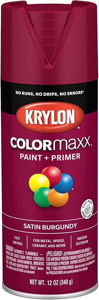 Krylon K05560007 COLORmaxx Spray Paint and Primer for Indoor/Outdoor Use, Satin Burgundy, 12 Ounc... | Amazon (US)