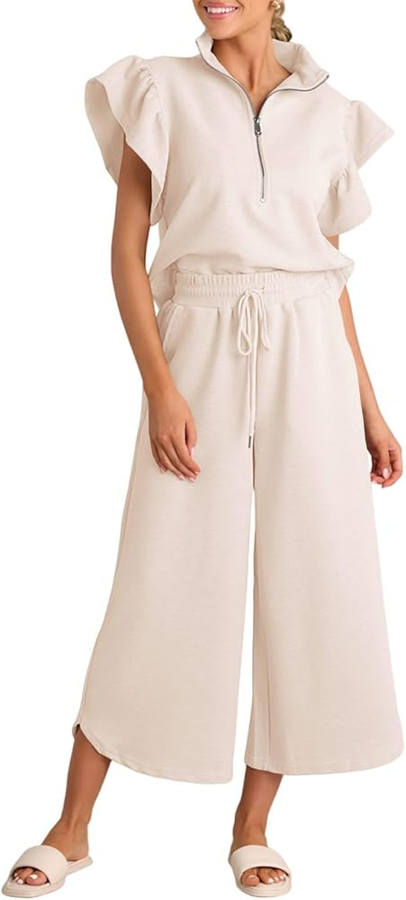 Tankaneo Womens 2 Piece Travel Outfits Dressy Ruffle Sleeve Half Zip Pullover Tops Wide Leg Capri... | Amazon (US)
