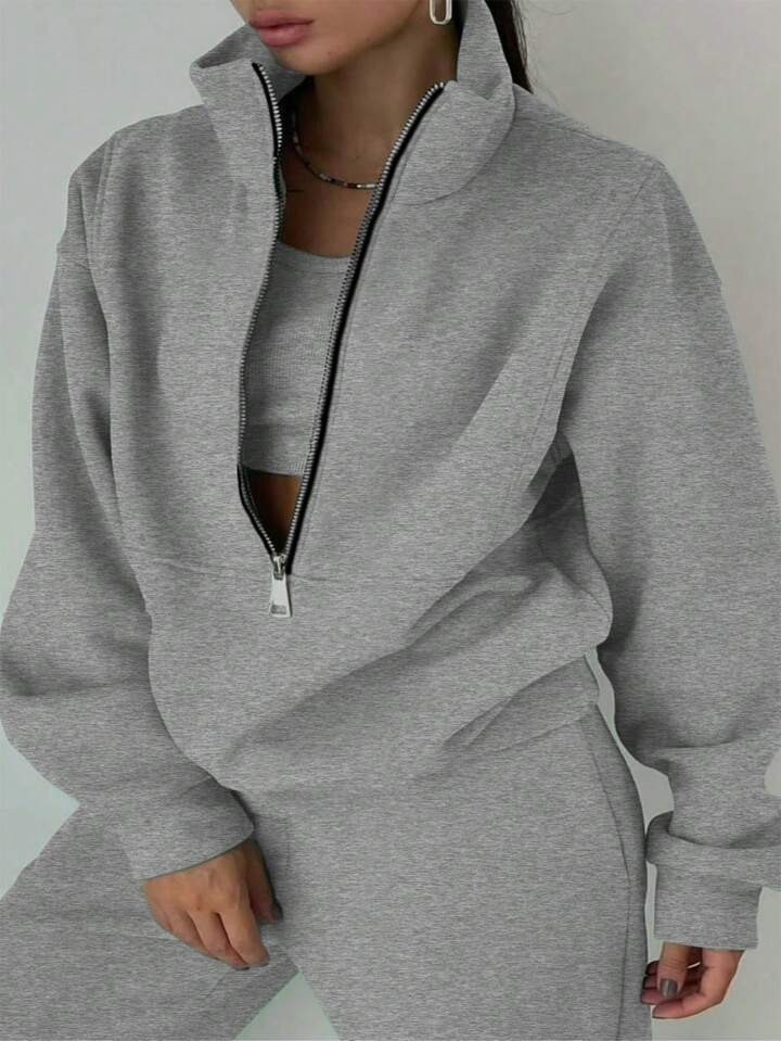 Plus Size Women's Half-zip Hooded Sweatshirt And Jogger Pants Set | SHEIN