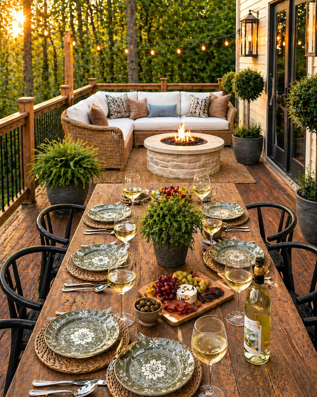 Golden hour on the porch is just different ✨🤍 This cozy outdoor living + dining setup is everything I love—warm wood tones, soft neutral textures, and the dreamiest fire pit moment for slow evenings at home.

From the rustic wood dining table styled with woven placemats, neutral dinnerware, and wine glasses… to the inviting wicker sectional layered with cream cushions and textured throw pillows—every detail feels elevated but still relaxed and livable. The jute rug grounds the space while the stone fire pit creates the perfect cozy focal point.

And can we talk about the ambiance?! String lights, lantern sconces, and that soft sunset glow through the trees = instant outdoor entertaining magic ✨

If you’re designing your outdoor space, focus on mixing natural materials (wood, wicker, stone), layering neutrals, and adding warm lighting for that high-end, collected look.

Everything is linked on my LTK 🤍

#ltkhome #ltkoutdoor #outdoorliving #outdoordecor #coveredporch #backporch #deckdesign #patioinspiration #outdoorfurniture #wickerfurniture #sectionalsofa #firepit #firepitdesign #cozyhome #neutraldecor #modernclassic #outdoorentertaining #diningal fresco #patioliving #stringlights #homedecorideas #southernhome #warmandcozy #juterug #rusticmodern #outdoordining #entertainingathome #homesweethome

#LTKSeasonal #LTKHome
