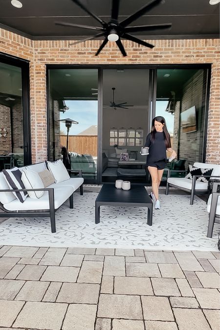 Backyard patio. Outdoor furniture. Black and white patio. Outdoor indoor rug. Backyard vibes for summer! #outdoorfurniture #patio

#LTKsalealert #LTKfindsunder100 #LTKhome