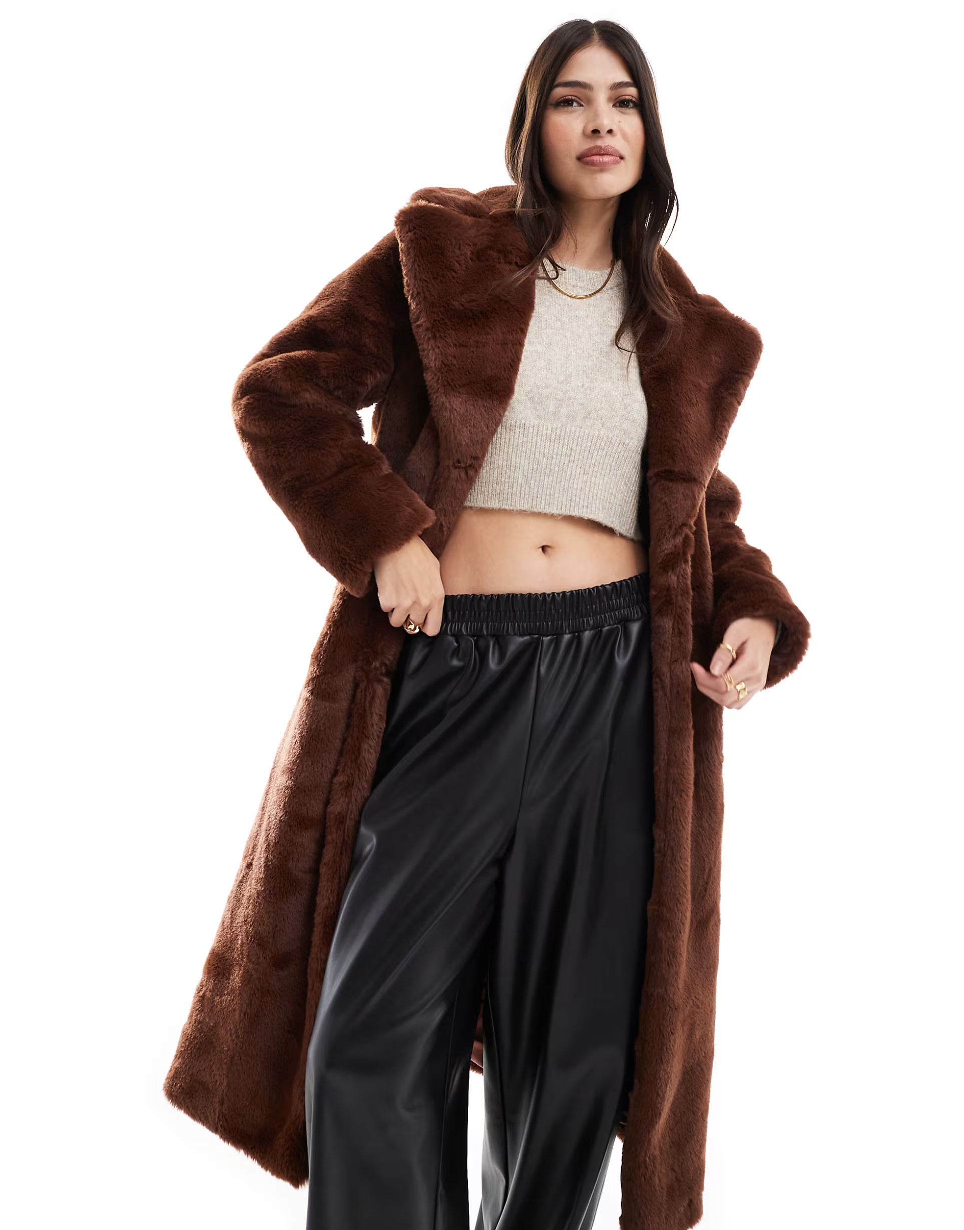 Miss Selfridge faux fur maxi coat in rich chocolate brown | ASOS (Global)
