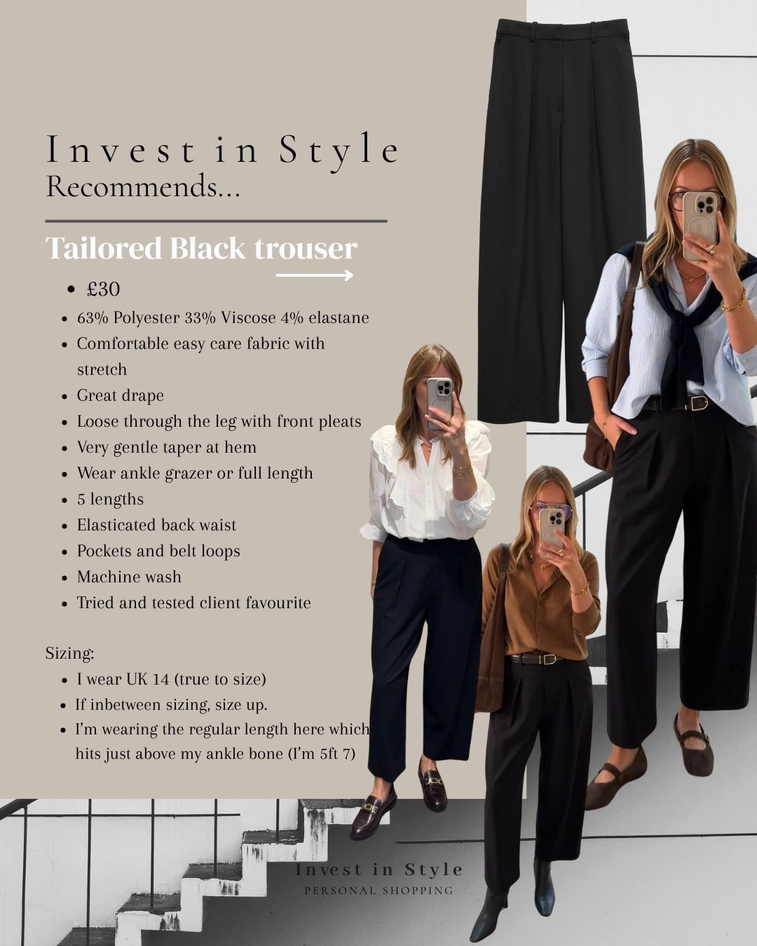 Black tailored trousers 
All notes in image 

I wear a 14 regular length here 


#LTKworkwear #LTKstyletip #LTKuk