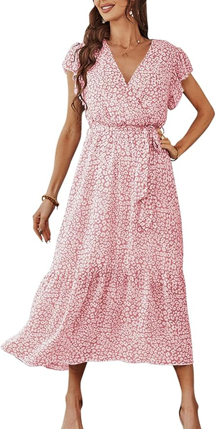 ANRABESS Women's Summer Floral Dress Wrap V Neck Short Flutter Sleeve Belted Ruffle Hem A-Line Bo... | Amazon (US)