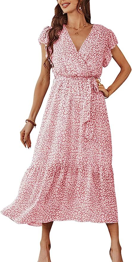 ANRABESS Women's Summer Floral Dress Wrap V Neck Short Flutter Sleeve Belted Ruffle Hem A-Line Bo... | Amazon (US)