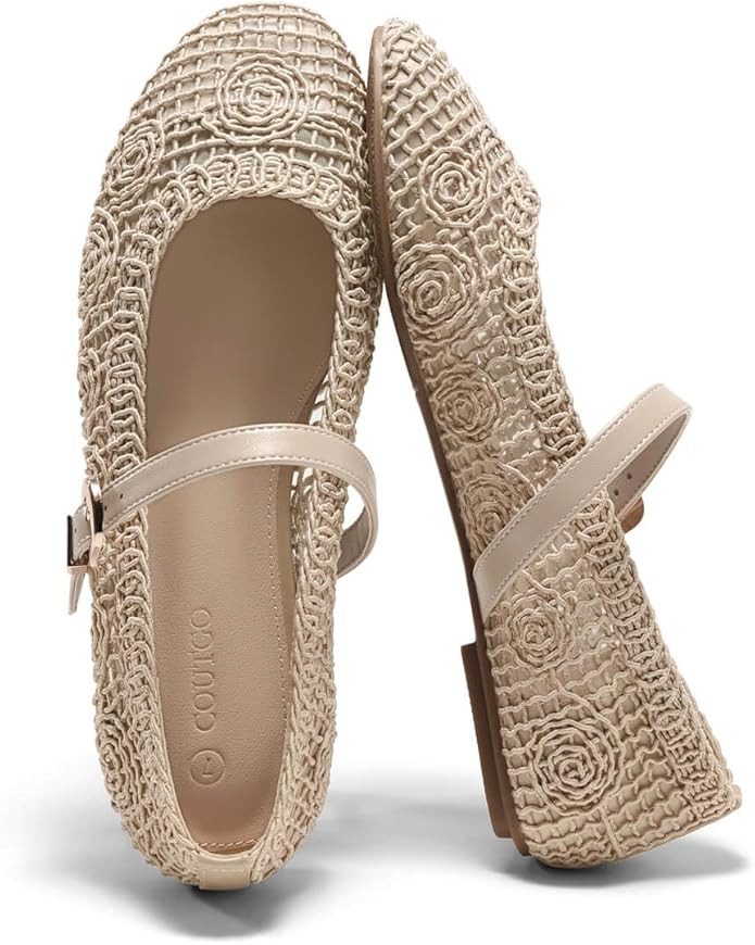 Coutgo Womens Mary Jane Woven Flats Round Toe Ballet Flats Dressy Comfortable Slip On Shoes | Amazon (US)