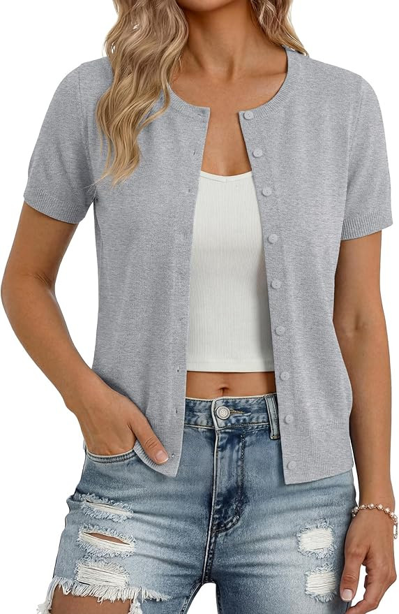 GRACE KARIN Women Short Sleeve Cardigan, 2026 Button Down Knit Sweater Tops, Basic Crew Neck Fall... | Amazon (US)