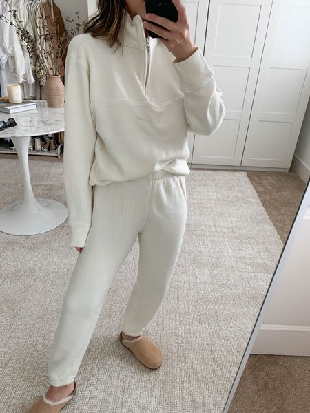 Jenni Kayne sweats. These are the best and worth the splurge. 20% off this weekend with code LDW20

Pullover - Jenni Kayne small
Sweats - Jenni Kayne xs
Clogs - Jenni Kayne 36