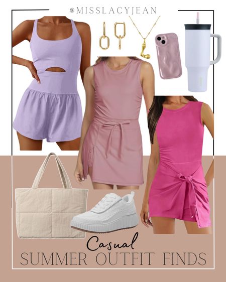 Casual summer outfit includes romper, dress, athletic dress, sneakers, casual bag, earrings, necklace, phone case, tumbler.

Casual summer outfit, athletic finds, Amazon finds, looks for less

#LTKFindsUnder50 #LTKFindsUnder100 #LTKStyleTip
