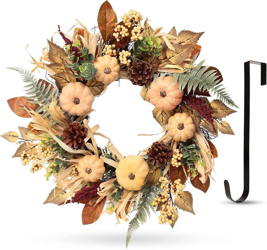 Fall Decor, Fall Wreaths for Front Door, 19 Inch Autumn Maples Leaf Pumpkin Pine Cone Berry Wreat... | Amazon (US)
