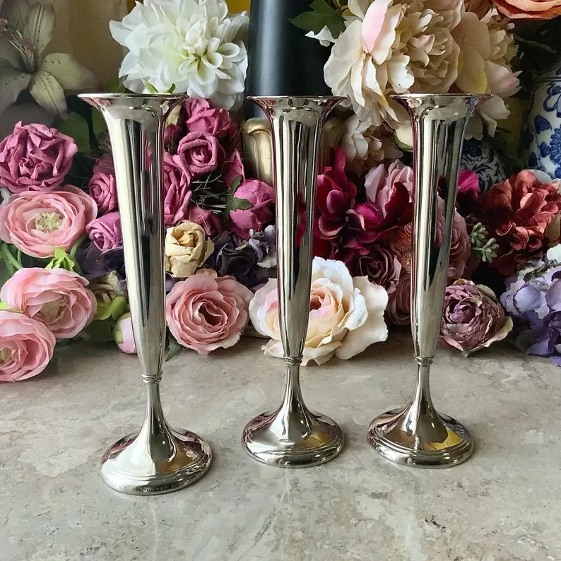Vintage Silver-plated 3 Trumpet Vase Set, Elegant Minimalist Bud Vases, Gift Idea - Etsy | Etsy (US)