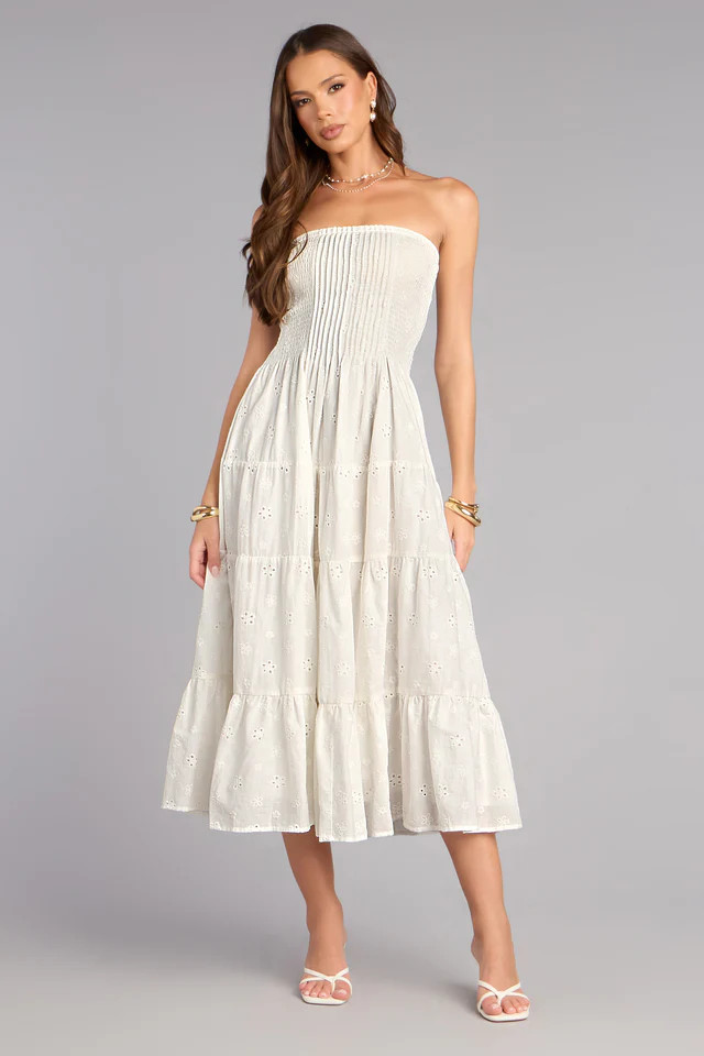 Daytime Vibe Floral Eyelet Strapless Midi Dress | Windsor Stores