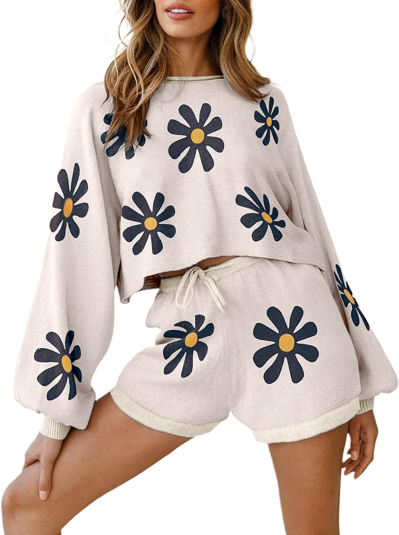 Ekouaer Knit Pajamas Set for Women Lounge Sets Long Puff Sleeve Top and Shorts 2 Piece Outfits Sw... | Amazon (US)