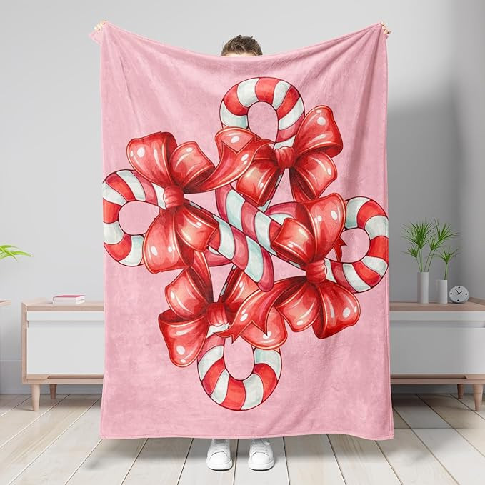 Christmas Candy Cane Super Soft Throw Blanket Bow Modern Holiday Pink Flannel Neutral Warm Blanke... | Amazon (US)