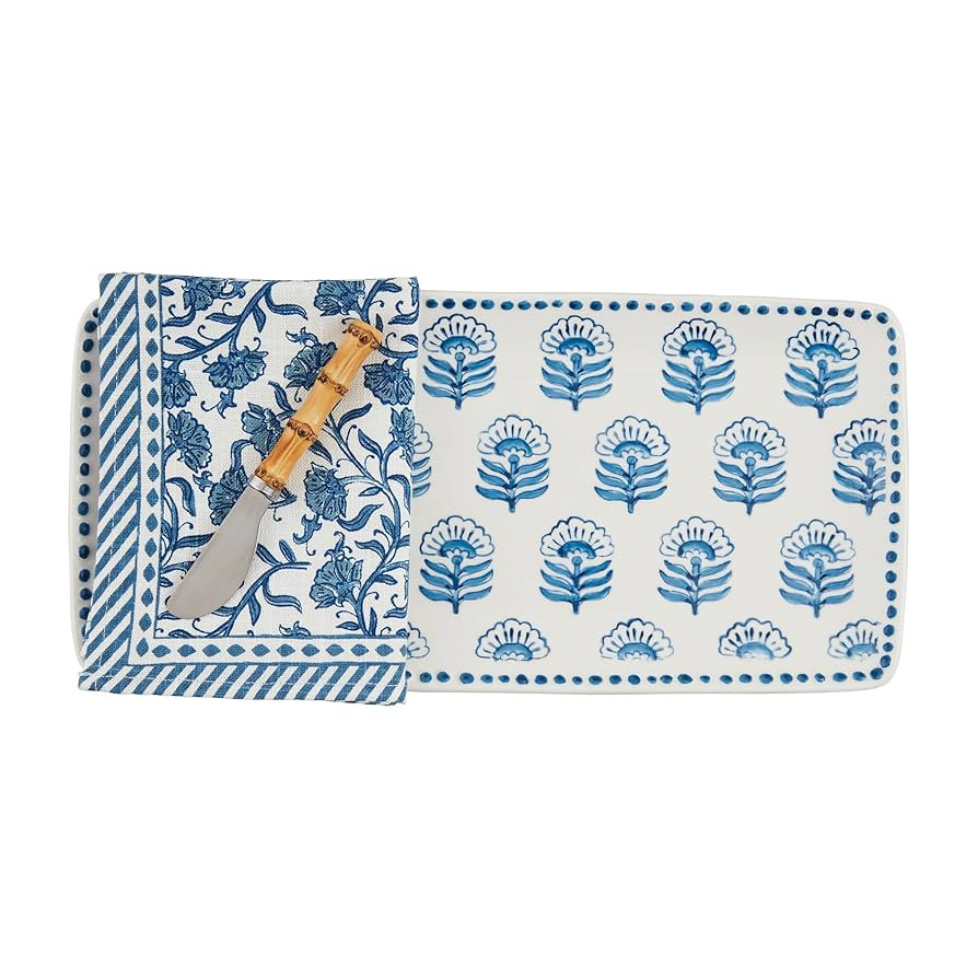 Mud Pie Block Print Tray And Towel; tray 6 1/2" x 14" | spreader 5 1/2" | towel 21" x 14" | Amazon (US)