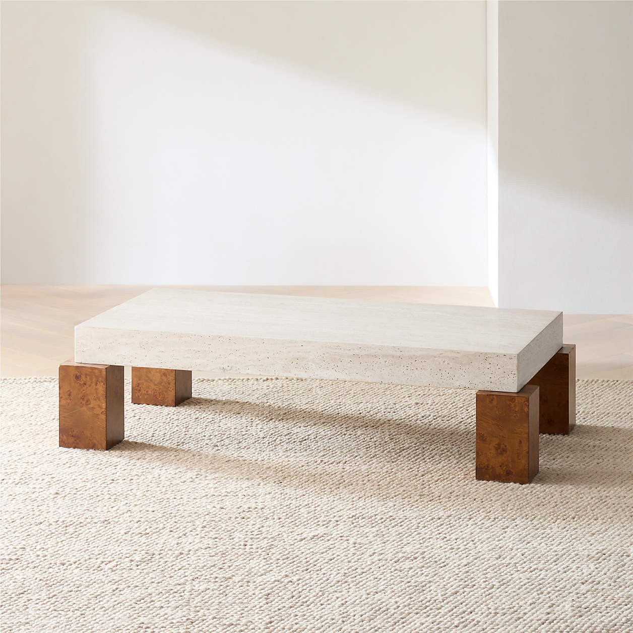 Dualité Travertine and Burl Wood Block Leg 53" Coffee Table by Athena Calderone + Reviews | Crat... | Crate & Barrel