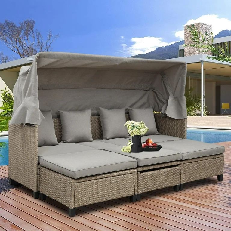 4 Piece Outdoor Daybed, PE Rattan Patio Daybed, Patio Sofa Set with Retractable Canopy, Cushions ... | Walmart (US)