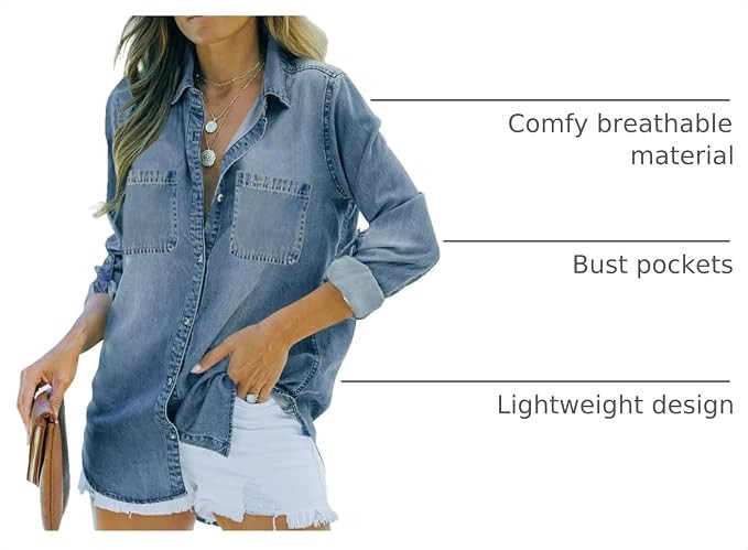 Womens Long Sleeve Button Down Denim Shirt Jean Jacket Shacket with Pocket | Casual, Collared, Bo... | Amazon (US)