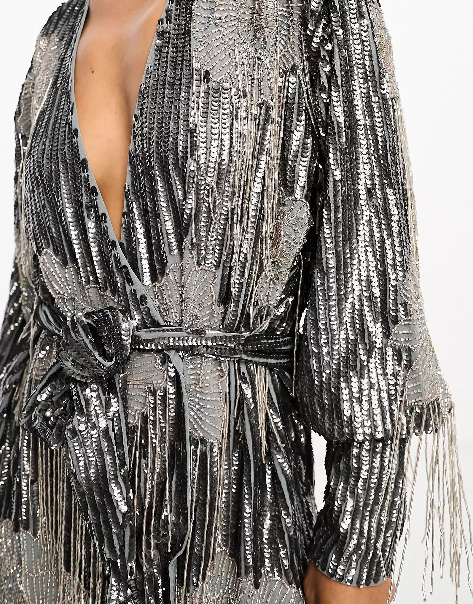 ASOS EDITION floral fringe sequin wrap mini dress in charcoal | ASOS (Global)