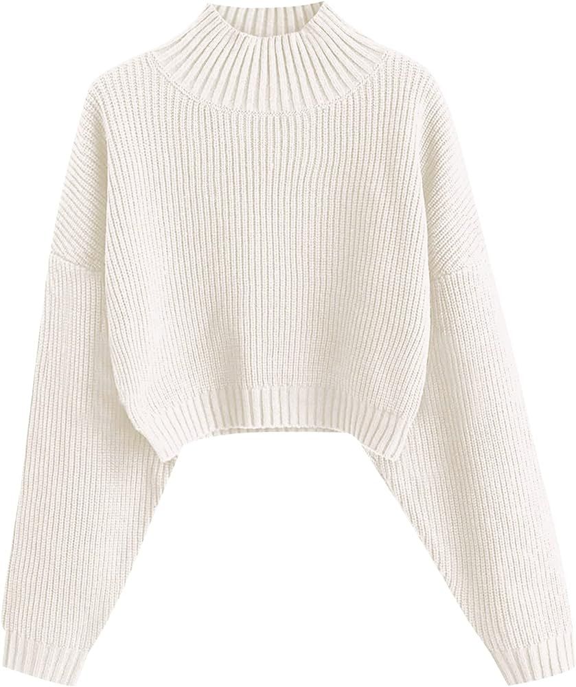 Women's Cropped Turtleneck Sweater Lantern Sleeve Ribbed Knit Pullover Sweater Jumper | Amazon (US)