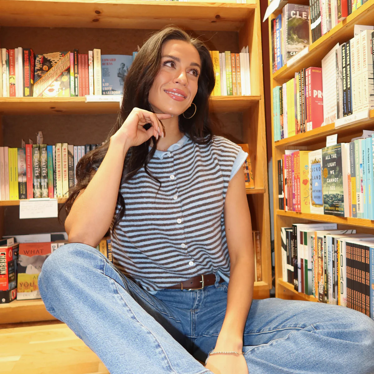 Piper Short Sleeve Cardigan in Blue/Brown Stripe | Henly