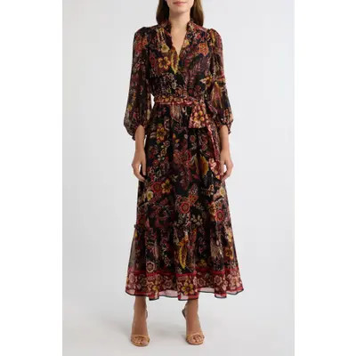 Eliza J Paisley Chiffon Maxi Dress in Black Saffro at Nordstrom, Size 12 | Nordstrom