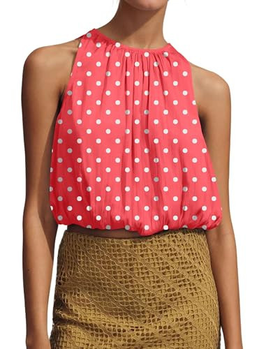Navonta Womens Polka Dot Halter Tops Sleeveless Crewneck Puffy Hem Bubble Crop Tank Top Casual Dressy Going Out Blouse Top | Amazon (US)