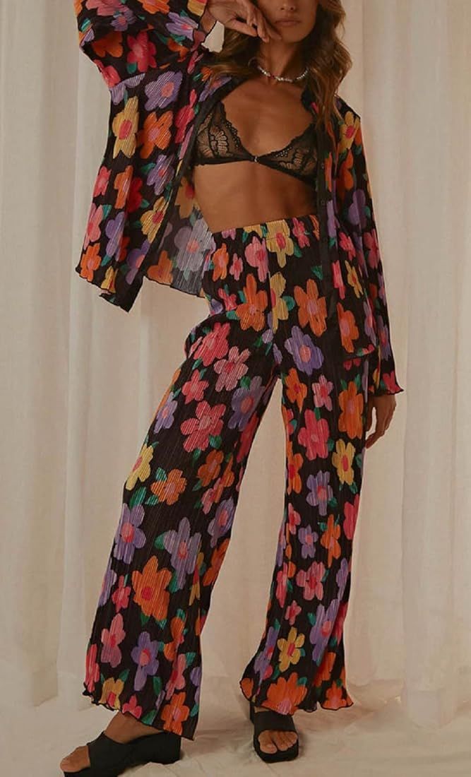 Women Floral 2 Piece Pants Set V Neck Long Sleeve Blouse Tops High Waist Casual Trousers Loose Fit S | Amazon (US)