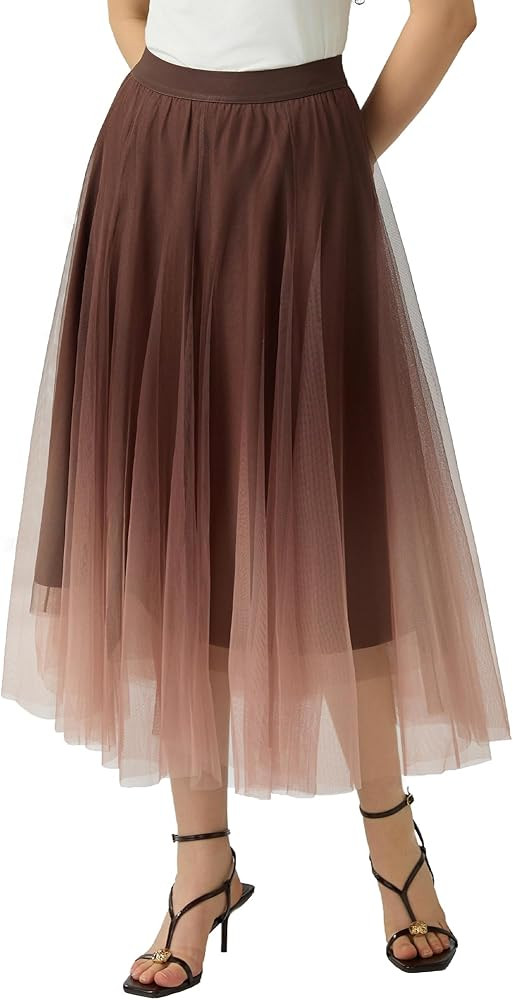 Women’s Tulle Skirts Midi Elastic High Waist Pleated Mesh Flowy A-Line Party Long Tutu Skirts... | Amazon (US)