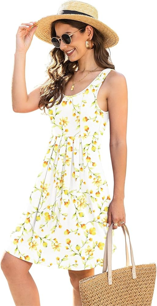 Jouica Women's Casual Summer Tank Sleeveless Knee Length Pleated Sun Dresses with Pockets | Amazon (US)