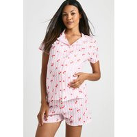 boohoo Women's Maternity Cherry Stripe Pj Short Sleeve & Short Pj Set in Pink | Size: 12 | Viscose | boohoo (US & Canada)