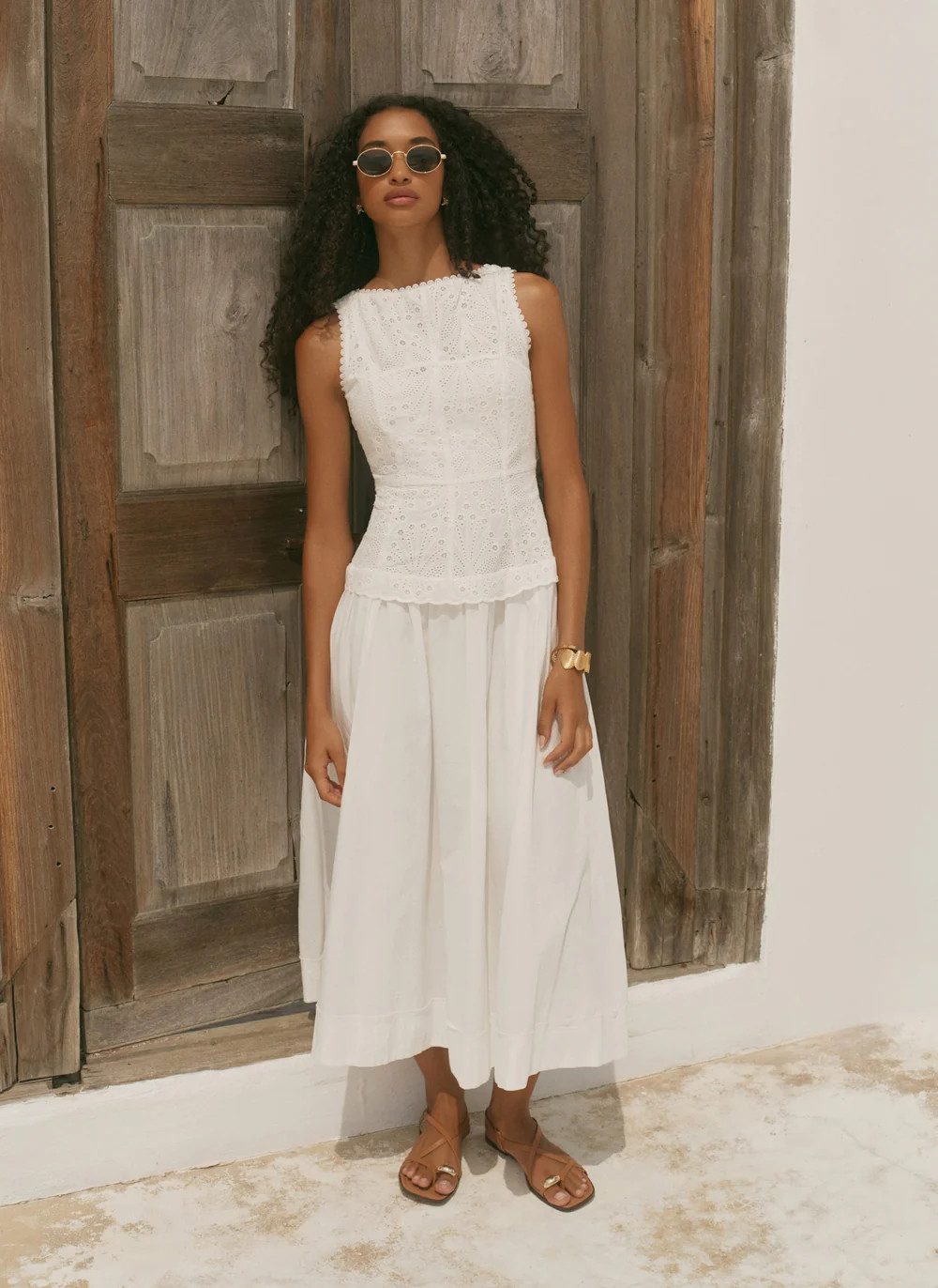 White Cotton Broderie Drop Waist Midi Dress | Mint Velvet