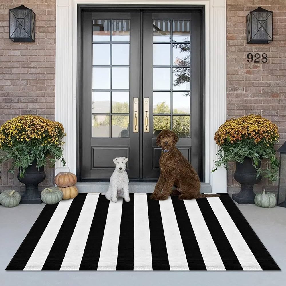 Black and White Outdoor Rug, 3'X 5' Cotton Layering Striped Rugs, Washable Front Door Layered Por... | Amazon (US)