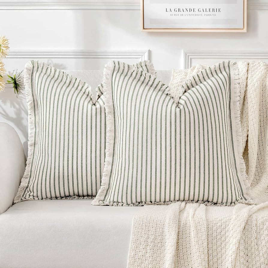 MIULEE Pack of 2 Olive Green Throw Pillow Covers Striped Farmhouse Couch Cushion Covers with Frin... | Amazon (CA)